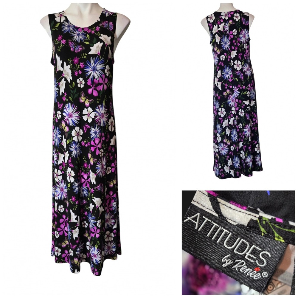 Attitudes by Renee Floral Butterfly Maxi Dress Black Purple Petite Medium PM
